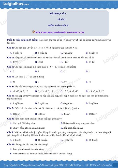 Đề thi học kì 1 Toán 6 - Đề số 7